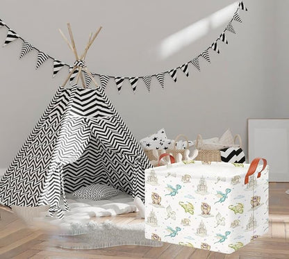 CLOCOR Rectangular Storage Basket Empty,Gift Basket,Waterproof Storage Bin with Handles,Room Decor(Castle Dinosaur)