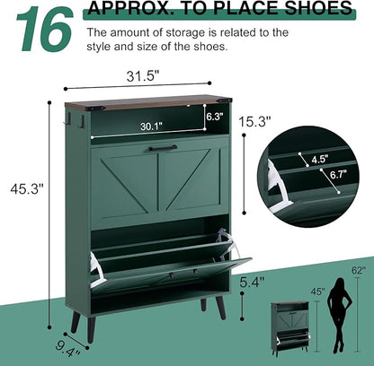 Barnyatoh Shoe Storage Cabinet,Farmhouse Shoe Organizer with 2 Flip Drawers & Barn Door Design,Freestanding Hidden Slim Narrow Shoe Rack Cabinet with Open Storage for Entryway, Foyer,Hallway,Green
