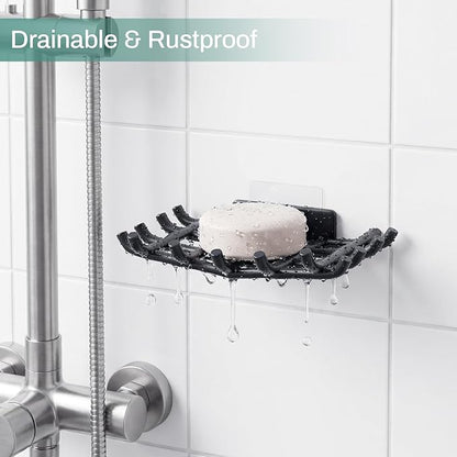Bar Soap Holder for Shower Wall, Self Draining Plastic Bar Soap Dish Tray Container Case for Bathroom Sink, Adhesive Shower Soap Dish Holder Wall Mounted, Black 2 Pack