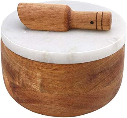 Large Acacia Wood Seasonings Condiments Pinch Bowl Spice and Spoon Salt Cellar Box Storage Jar White Marble Lid