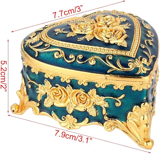 Retro Metal Jewelry Box - Heart shaped Jewelry Play Box with Rose Table Jewelry Storage Box Used for Rings Earrings Necklaces Women's Gifts Girls' Gifts (Blue)