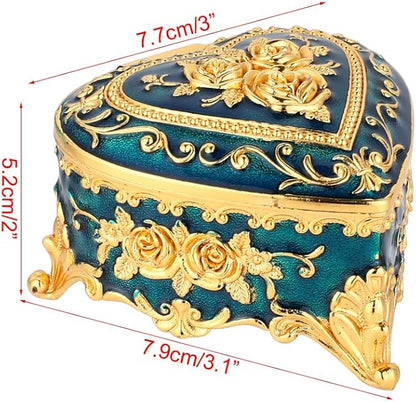 Retro Metal Jewelry Box - Heart shaped Jewelry Play Box with Rose Table Jewelry Storage Box Used for Rings Earrings Necklaces Women's Gifts Girls' Gifts (Blue)