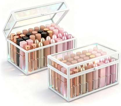 40 Lipsticks Organizer with Lid, Glass Display Box Fits Large Perfume & Skincare, Easy-Access Organiser for Vanity Countertop, Multifunctional Display Box in Any Rooms