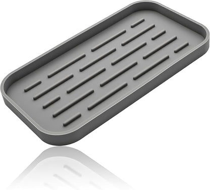Silicone Organizer Tray, Soap and Sponge Holder for Kitchen Sink, Bathroom - Storage Tray for Dish Brush, Soap Dispenser, Dishwashing Accessories-(Gray 1 Pack, 10"x5.3")