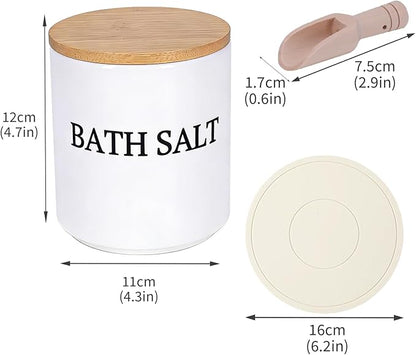 29oz Airtight Ceramic Bath Salt Jar Set - with Wooden Lid, Scoop & Anti-Slip Mat, Opaque Bathroom Storage Organization for Epsom Salt, Spa & Bath Bombs, White-S