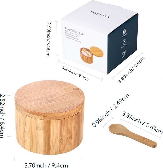 Bamboo Salt Cellar Bowl Box with Swivel Magnetic Lid to Avoid Dust, Elegant Kitchen Salt Container Holder with to Storage Pepper Spice Bath & Sea Salts, 6OZ（Built-in Spoon）