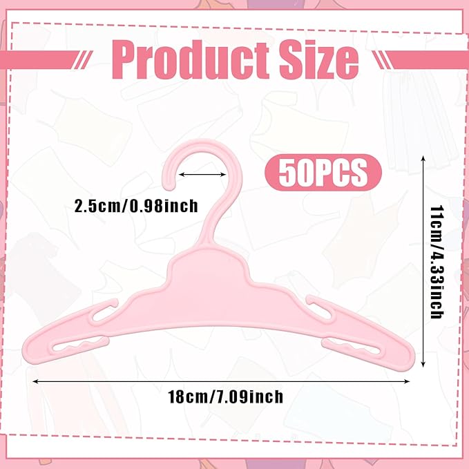 Soulchen 50 Pcs Doll Clothes Hangers for 18 Inch Dolls, Pink Plastic Clothes Hangers with Non-Slip Clips, Space-Saving Wardrobe Accessories for Gown Dress Outfit
