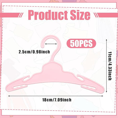 Soulchen 50 Pcs Doll Clothes Hangers for 18 Inch Dolls, Pink Plastic Clothes Hangers with Non-Slip Clips, Space-Saving Wardrobe Accessories for Gown Dress Outfit