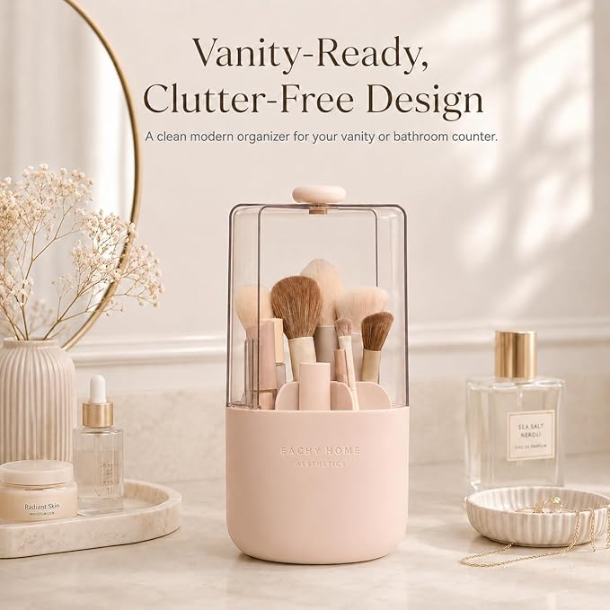 EACHY Makeup Brush Holder 360° Rotating with Dustproof Lid, Waterproof Material, 7 Compartments for Organized Storage, Stylish and Durable Design for Vanity (Pink)