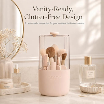 EACHY Makeup Brush Holder 360° Rotating with Dustproof Lid, Waterproof Material, 7 Compartments for Organized Storage, Stylish and Durable Design for Vanity (Pink)