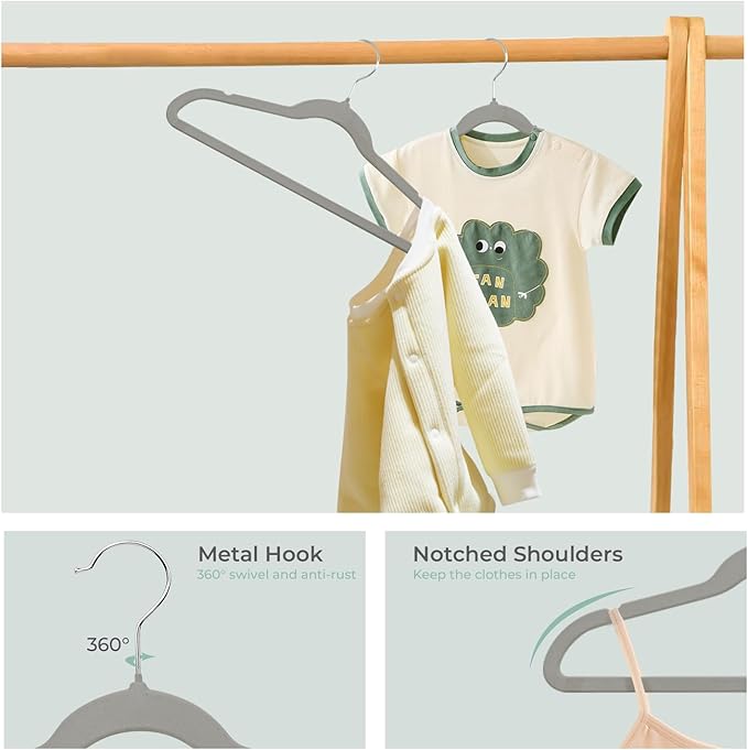 ManGotree 14 Inch Kids Velvet Hangers for Closet, Ultra-Thin Space Saving Children's Clothes Hangers, Non-Slip Felt Toddler Hanger for Youth's Clothes (32 Pack, Grey)