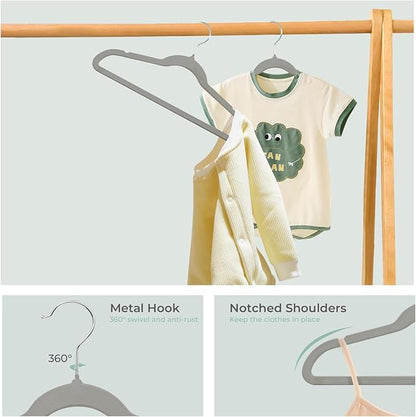 ManGotree 14 Inch Kids Velvet Hangers for Closet, Ultra-Thin Space Saving Children's Clothes Hangers, Non-Slip Felt Toddler Hanger for Youth's Clothes (32 Pack, Grey)