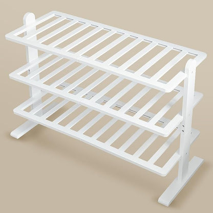Varhomax White Shoe Rack, Bamboo Shoe Rack Organizer for Closet and Entryway, Thick Wooden Free Standing Shoe Shelf for Small Spaces, Sturdy & Versatile for Bedroom, Bathroom, Garage (3-Tier)