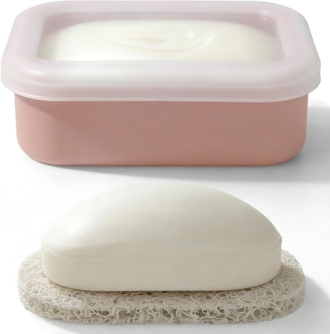 AIMAIAIMAI Compact Leakproof Travel Soap Case, Silicone Travel Soap Container, Portable Soap Box with Drainage Layer, Shatterproof Soap Holder for Bathroom, Gym (Pink)