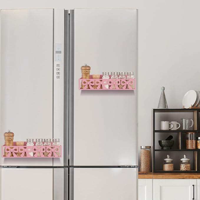 Beeveer 2 Pack Cute Bow Magnetic Spice Rack for Refrigerator Metal Magnet Basket Shelf for Fridge Seasoning Storage Organizers Home Decor Kitchen Accessories (Pink)