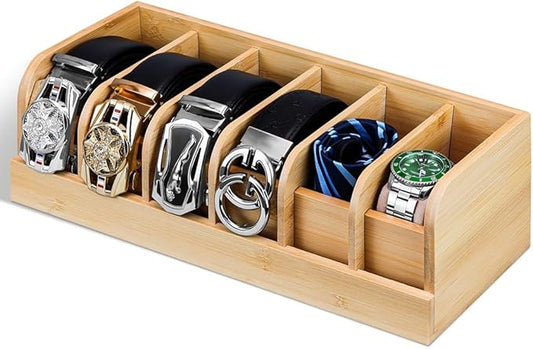 Wood Belt Organizer, 6 Grids Belt Rack, Belt Storage Holder for The Closet and Drawer, Belt Storage Organizer and Displayer, Belt holder Storage Organizer for Men Women