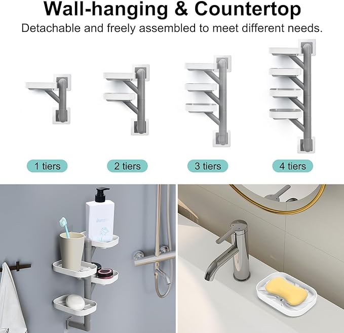 Soap Holder Four Layer Wall Mounted NO-Drilling Rotatable Self-draining Removable Soap Dish for Shower Bathroom Tray,Self Draining Sponge Holder,Razor Holder (White/Gray)