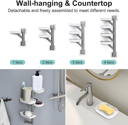 Soap Holder Four Layer Wall Mounted NO-Drilling Rotatable Self-draining Removable Soap Dish for Shower Bathroom Tray,Self Draining Sponge Holder,Razor Holder (White/Gray)