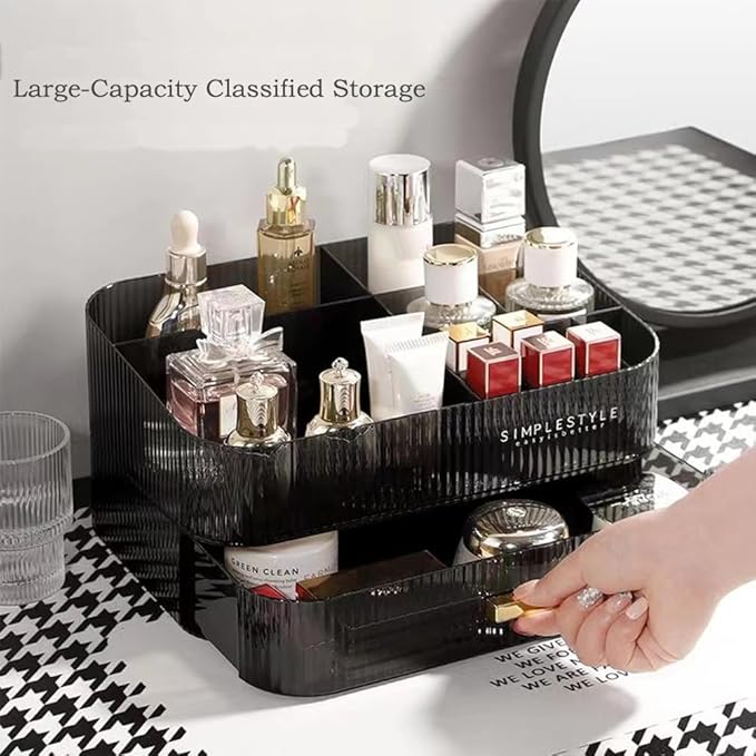Stackable Makeup Organizer Drawers, Bathroom Vanity Organizers and Storage, Ideal for Desk and Dresser Countertops, Great for Cosmetics, skincare, Lipsticks, Nail Care -Black