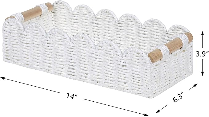 CubesLand Bathroom Basket Organizer, Toilet Tank Paper Storage Baskets 2-Pack, Scalloped Decorative Basket for Countertop w/Handle, Wicker Basket for Bathroom Decor, Home Decor, Living Room, White