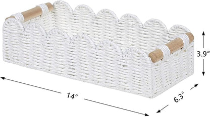 CubesLand Scalloped Edge Toilet Paper Storage Basket, Living Room Home Cozy Decor Basket, Paper Rope Small Baskets for Over Toilet Storage Shelf, End Table, Shelves, with 2 Wooden Handles, White