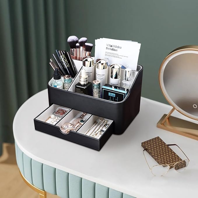 KINGFOM Leather Makeup Organizer with Drawer, Cosmetic Storage for Dresser Countertop and Bathroom Vanity, Beauty Holder for Lipstick Brush Skincare (Black)