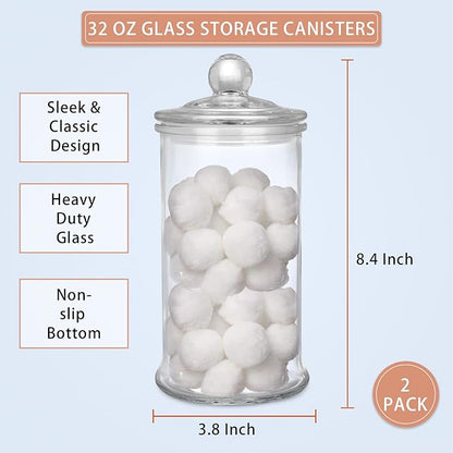 2 Pack Glass Apothecary Jars with Lids, 32oz Clear Bathroom Accessories Canisters Storage Organizer, Cotton Ball Holder Containers, Glass Jars for Bathroom, Vanity, Laundry Room