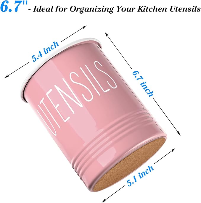 Bivvclaz Kitchen Utensil Holder - 6.7" Utensil Holder for Kitchen Counter - Cooking Utensil Crock with Cork Bottom - Pink Decor and Accessories - Utensil Storage Caddy Organizer