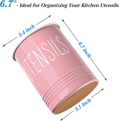 Bivvclaz Kitchen Utensil Holder - 6.7" Utensil Holder for Kitchen Counter - Cooking Utensil Crock with Cork Bottom - Pink Decor and Accessories - Utensil Storage Caddy Organizer