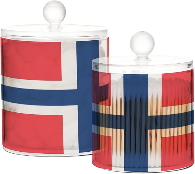 DOMIKING Norway Flag 2 Pack Bathroom Canisters Cotton Swab Holder Dispenser Plastic Cotton Ball Jar Acrylic Storage Containers for Floss Cotton Ball Makeup Sponges