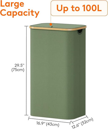 Lifewit 100L Laundry Basket with Lid, Clothes Hampers for Laundry with Bamboo Handles and 1 Removable Bag, Large Foldable Laundry Hamper for Bedroom, Bathroom, Dorm, Laundry Room, Green