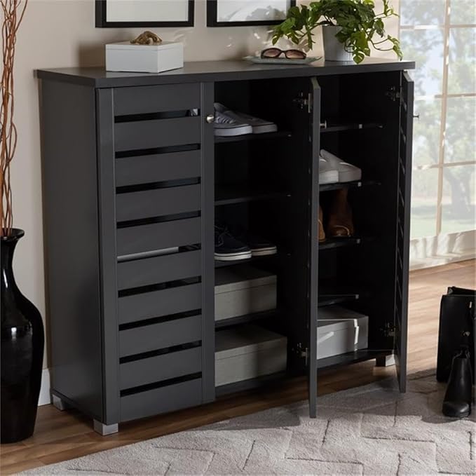 BOWERY HILL 3-Door Wood Entryway Shoe Cabinet, Dark Gray Finish, Engineered Wood Construction, Ventilated Slatted Doors, Holds 20 Pairs, Contemporary Style Shoe Storage for Entryway or Hallway Use