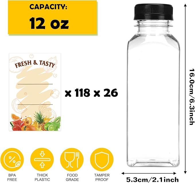 BAKHUK BAKHUK3068pcs 12oz Empty Plastic Juice Bottles with Caps, Plastic Water Bottles with lids, Reusable Clear Bulk Beverage Containers for Juice, Milk and Other Beverages