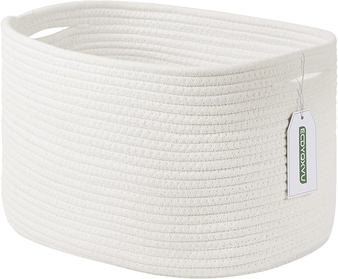 ECDYQXVU Cotton Rope Storage Basket, 15x10x9 Inches, Woven Basket for Shelves, Clothes, Towels, Books, and Laundry, White (1 Pack)