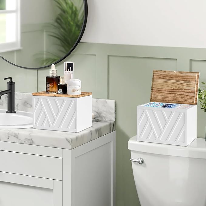 2 PCS White Tampon Holder for Bathroom Decor, Feminine Product Organizer With Lid, Shark Week Storage, Wood Pad Box for Toilet, Bathroom Accessories