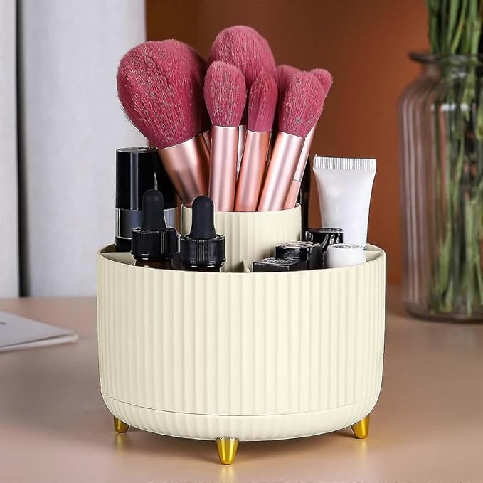 WILL OAK Makeup Brush Organiser - Large Compartment Cosmetic Organizer -Eyeliner, Nail Polish, Art Supply, Bathroom Vanity Desktop Organizer (Cream)