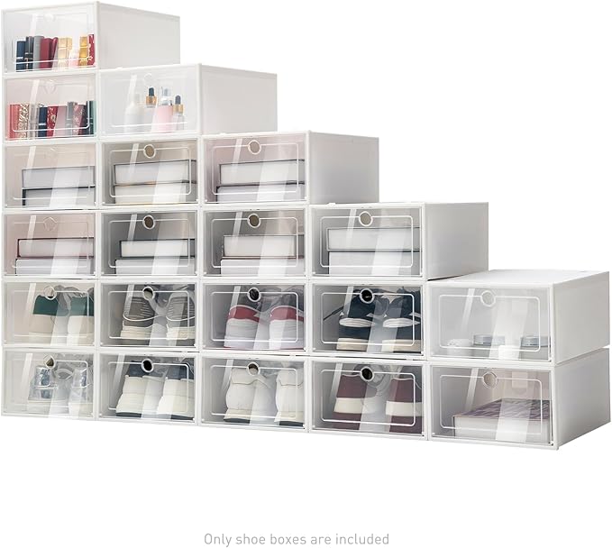 Shoe Boxes, 20 Pack Stackable Clear Plastic Shoe Storage, Foldable Shoe Organizer with Transparent Lid, 13x9.1x5.5 Inch Large Space for Sneakers Boots