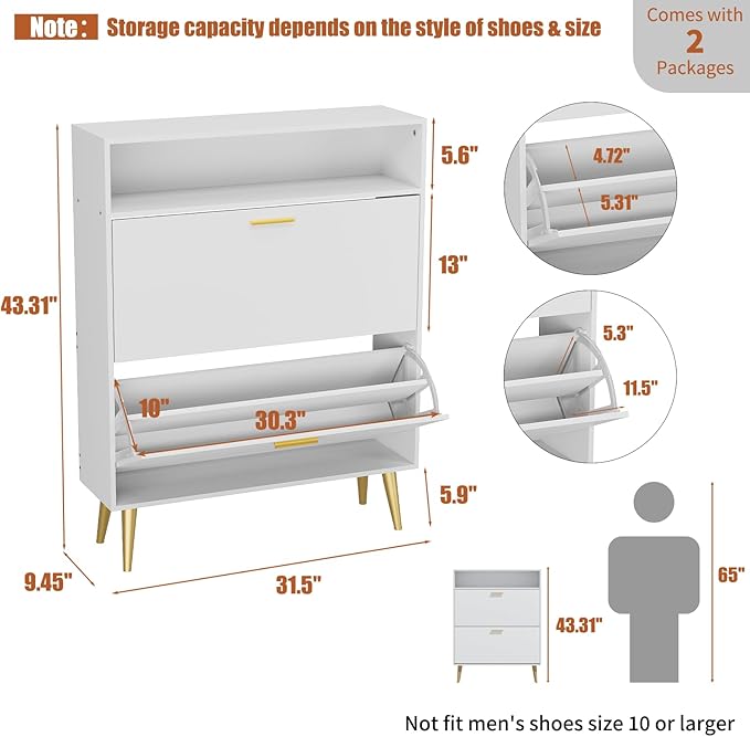 JOZZBY Shoe Cabinet for Entryway, White Narrow Shoe Storage Cabinet with 2 Flip Drawers, Freestanding Hidden Shoe Rack Storage with Open Shelves for Hallway, Living Room, Set of 2