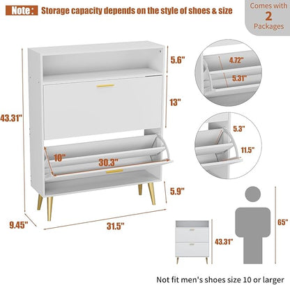 JOZZBY Shoe Cabinet for Entryway, White Narrow Shoe Storage Cabinet with 2 Flip Drawers, Freestanding Hidden Shoe Rack Storage with Open Shelves for Hallway, Living Room, Set of 2