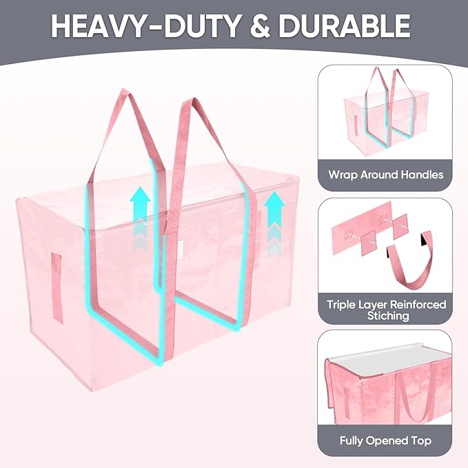 TICONN 6 Pack Extra Large Moving Bags Heavy Duty with Zippers & Carrying Handles, Durable Storage Bags Moving Boxes for Closet Organizers and Storage (6 Pack, Coral)