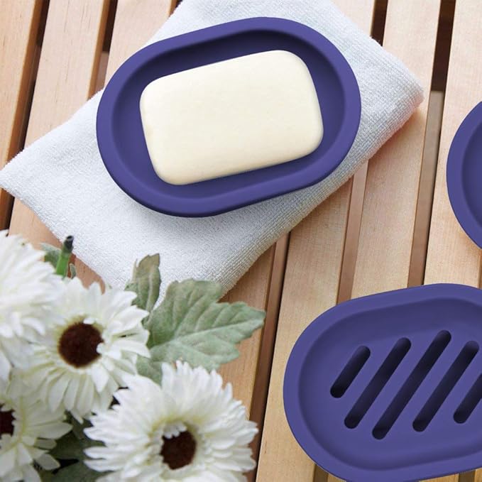 Soap Dish with Water Drainage Design for Drying and Saving Soap, Bathroom Kitchen Sponges Holder (Purple - Oval) 2 Pack