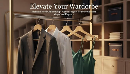 Wooden Hangers 30 Pack - Slim Rotating Hook with Non-Slip Pant Bar Durable Space-Saving Closet Organizers for Suits, Shirts & Dresses