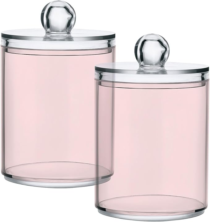 Misty Rose Pink Qtip Dispenser Apothecary Jars Bathroom Qtip Holder Storage Canister 10 Oz Plastic Jar for Cotton Ball Swab Round Pads Floss 2pcs