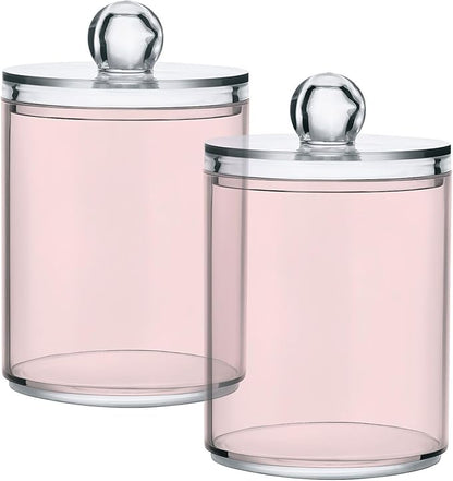 Misty Rose Pink Qtip Dispenser Apothecary Jars Bathroom Qtip Holder Storage Canister 10 Oz Plastic Jar for Cotton Ball Swab Round Pads Floss 2pcs
