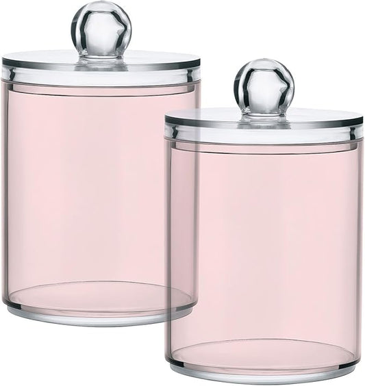 Misty Rose Pink Qtip Dispenser Apothecary Jars Bathroom Qtip Holder Storage Canister 10 Oz Plastic Jar for Cotton Ball Swab Round Pads Floss 2pcs