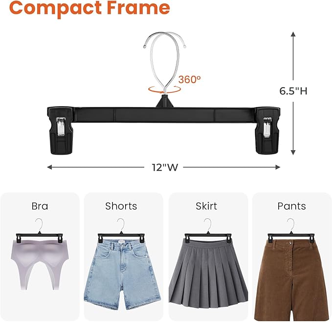 HOUSE DAY Pants & Skirt Hangers - 100 Pack Pants Hangers with Non-Slip Big Clips - Black Plastic Hanger for Shorts, Shirts, Jeans, Slacks, Clothes - Durable, Slim & Space Saving - 12 Inch