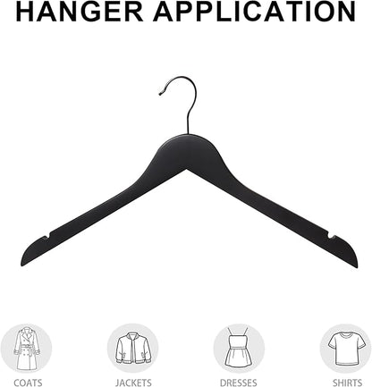 Premium Wooden Top Hangers, Heavy Duty Solid Wood Suit Hangers with 360° Swivel Hook & Anti-Slip Notches, Durable Clothes Hangers for Jackets, Coats, Shirts & Dresses(Black/12-Pack)