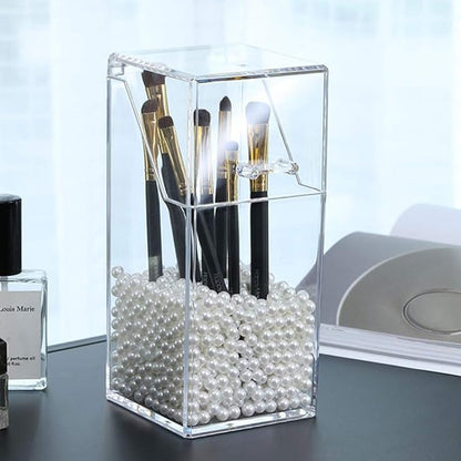 Makeup Brush Holder With Lid Cosmetic Brush Organizer Display Case Dustproof Cosmetics Brush Storage Container with Free Pearls