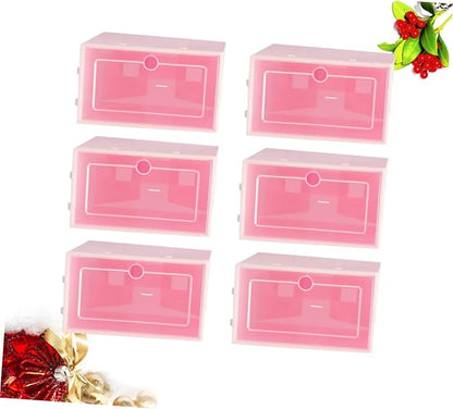 Luxshiny 6PCS Thick Transparent Stackable Shoe Boxes Plastic Storage Containers with Doors Small Pink Shoe Organizer for Closet Entryway Under Bed