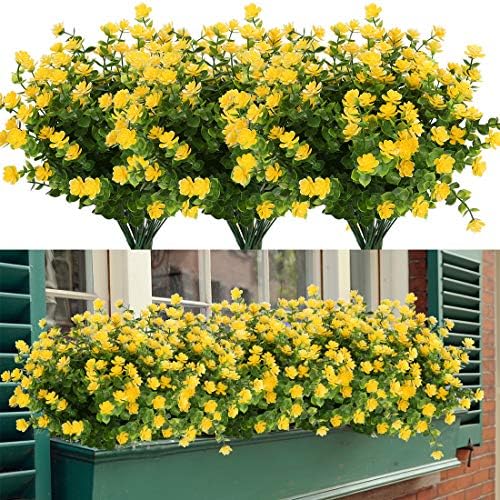 6 Bundles Artificial Flowers, Fake Artificial Greenery UV Resistant No Fade Faux Plastic Plants for Wedding Bridle Bouquet Indoor Outdoor Home Garden Kitchen Office Table Vase (Yellow) by HAPLIA